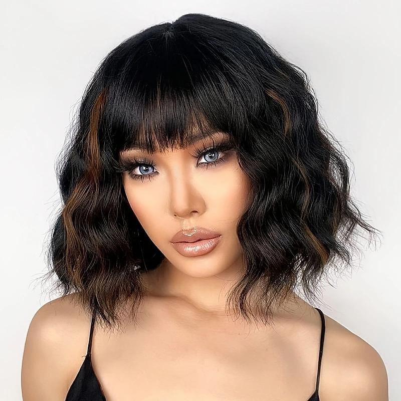 10 Inch Short Wavy Bob Wigs With Bangs For Women Black Mixed Brown Short Wavy Bob Curly Wigs Synthetic Natural Looking Heat Resistant Fiber Wigs2