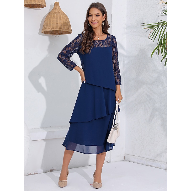 Women's Wedding Guest Cocktail Dress Lace Ruffle Elegant Vacation Spring Winter Midi Dress Crew Neck Long Sleeve Navy Blue2