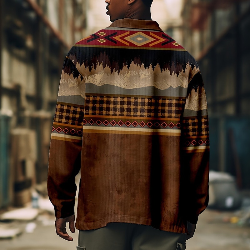 Men's Bohemian Argyle Bandana Print Shirt Shirt Jacket Long Sleeve Vintage Outdoor Vacation Casual Daily Fall & Winter Lapel Buttons Pocket Print Red Brown Green Coffee2