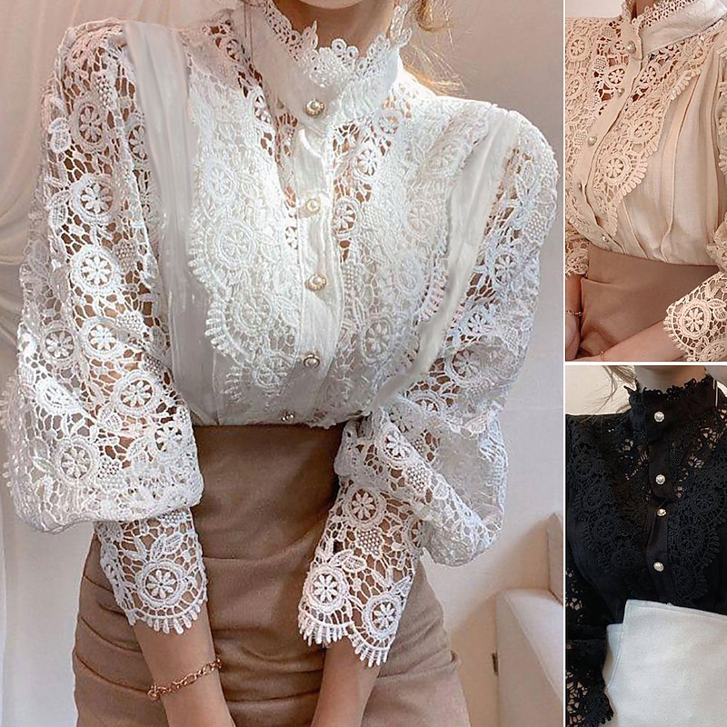 Women's Lace Shirt Blouse Eyelet top White Lace Shirt Solid Colored Elegant Fashion Elegant & Luxurious Shirt Collar Daily Hole Black White Apricot Spring Fall Winter Fall & Winter2