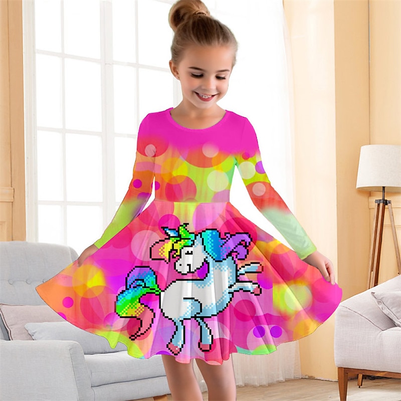 Girls' 3D Floral Rainbow Dress Pink Long Sleeve 3D Print Fall Winter Vacation Sports & Outdoor Daily Cute Casual Beautiful Kids 3-12 Years Casual Dress A Line Dress Above Knee Regular Fit4