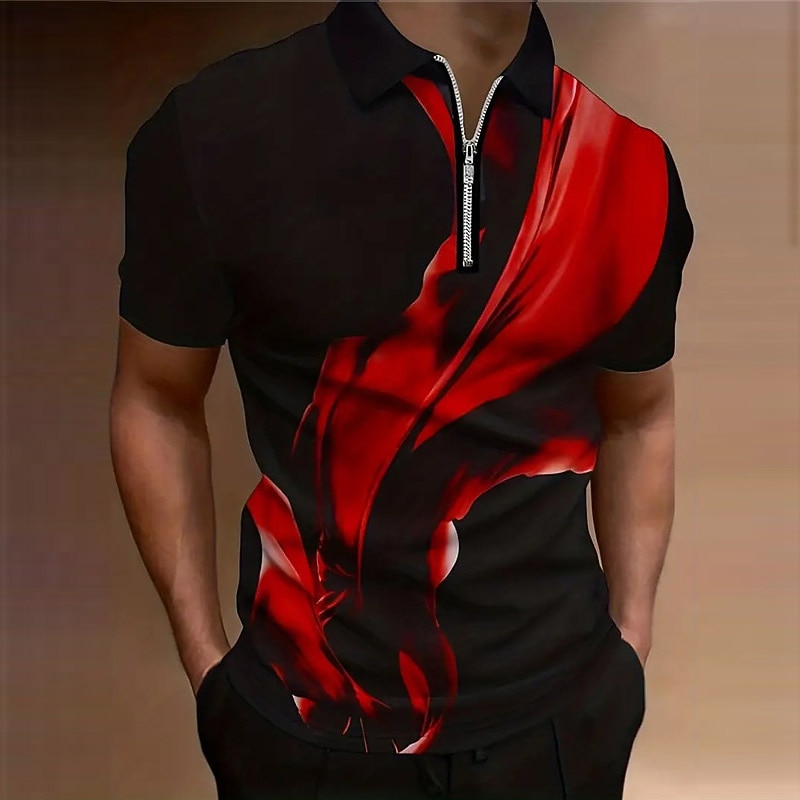 Men's Graphic Zip Polo Shirts Golf Shirt Short Sleeve Polo Shirts Collared Shirts Casual Vacation Wear Rave Wear Party Outfits 3D Print Quarter Zip Polo Autumn / Fall Red Blue Green