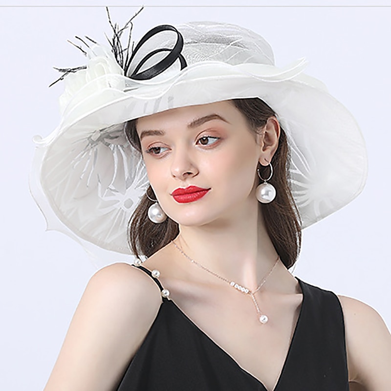 Fascinators Kentucky Derby Hat Headwear Polyester Organza Sun Hat Top Hat Veil Hat Holiday Beach Elegant Vintage With Feather Lace Side Headpiece Headwear2