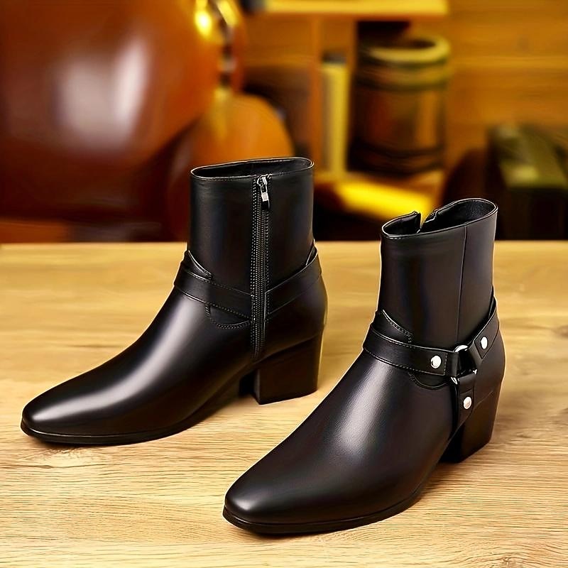 Men's Black Faux Leather Motorcycle Boots with Strap and Buckle Detail - Stylish Mid-Calf Ankle Boots4