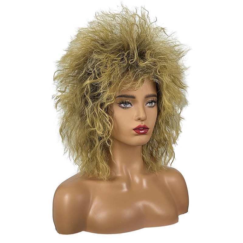 Short Blonde Curly Wig Mullet Blonde Brown Wig with Dark Roots 70s 80s Rocker Wig Two Tone Layered Wig Cosplay Costume Wigs Women Men Halloween Wigs4