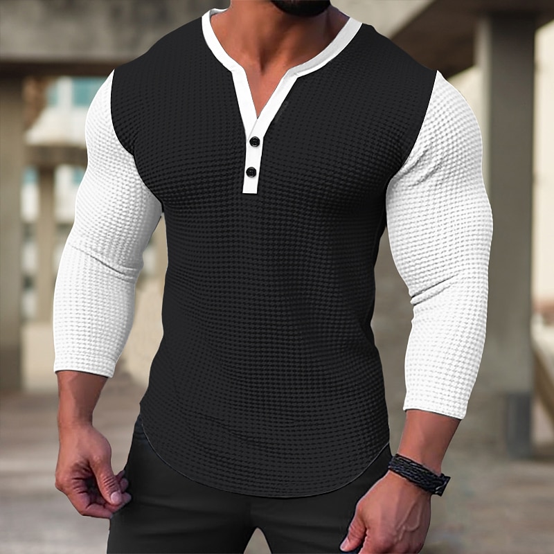 Men's Waffle Tee Waffle Shirt Button T Shirt T Shirt Long Sleeve Henley Spring &  Fall Color Block Fashion Designer Basic Patchwork Vacation Street Going out Black White Blue Top Tee for Men