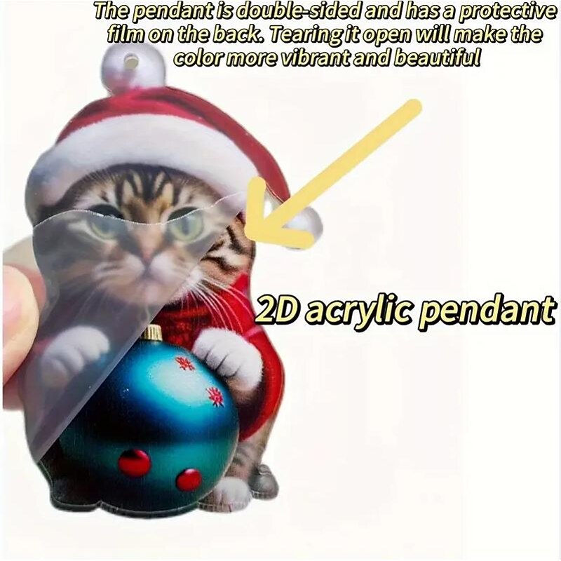 Christmas Cat Ornament,Acrylic 2D Flat Printed Xmas Tree Ornament and Car Rear View Mirror Accessories for Cat Lover3