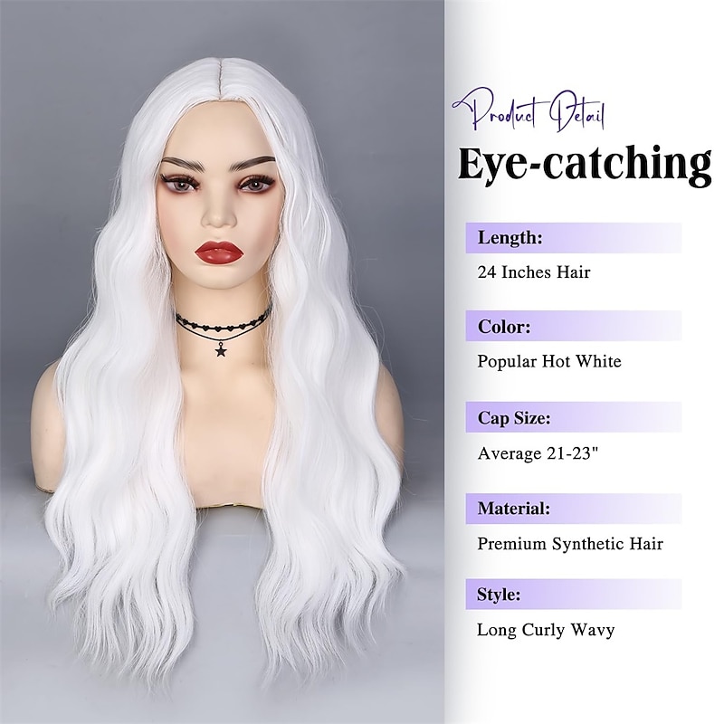 Fancy Hair Long White Wigs for Women White Long Curly Wavy Wig Middle Part Synthetic Wig White Wig for Daily Halloween Cosplay 24 Inches4
