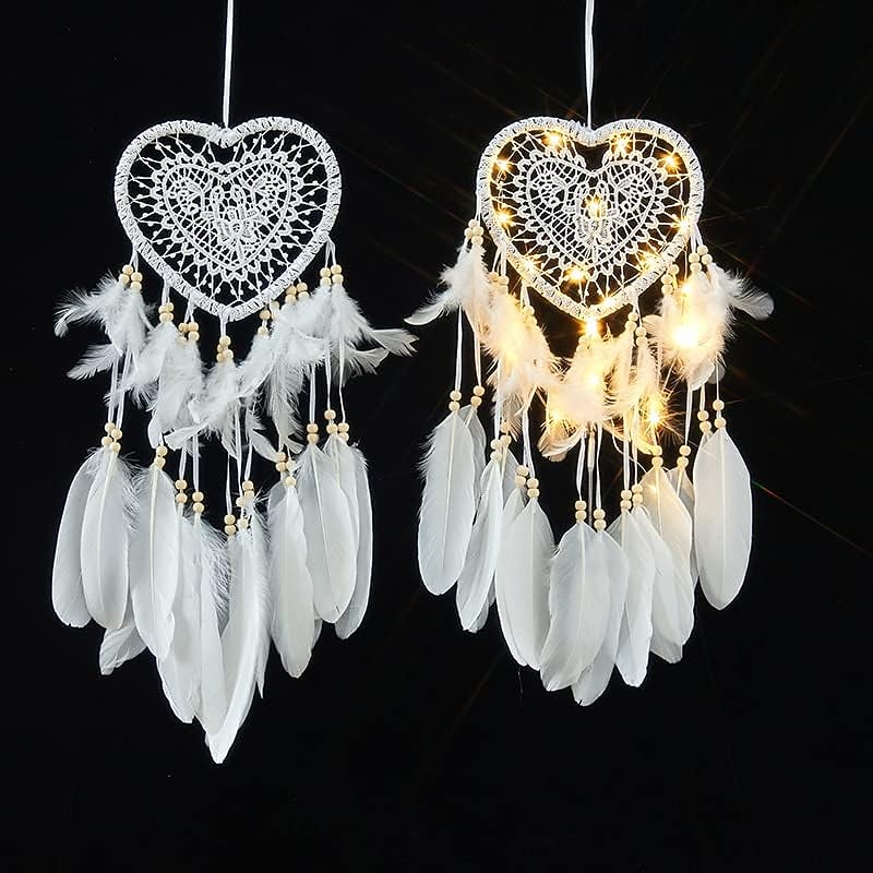 Heart Shaped Dream Catchers With LED Lights Hand Woven Feather Lights Wall Romantic Decor for Valentine's Day Christmas Gifts for boys girls Kids Bedroom Decoration3