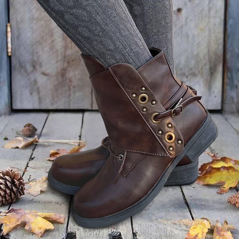 Women's Brown Buckle and Studded Ankle Boots - Rugged Outdoor Style for Fall/Winter - Ideal for Hiking and Casual Outings2