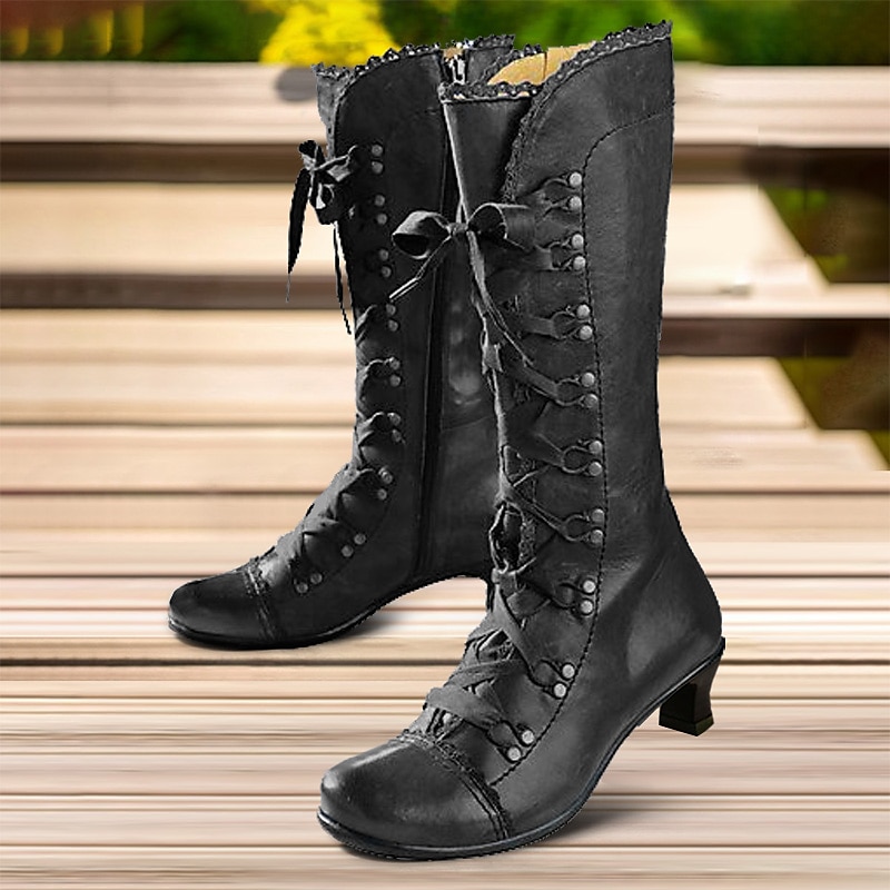 Women's Vintage Gatsby Victorian Lace-Up Mid-Heel Black Faux Leather Boots - Steampunk Gothic Style for Daily Wear, Cosplay, and 1920s Gatsby Parties