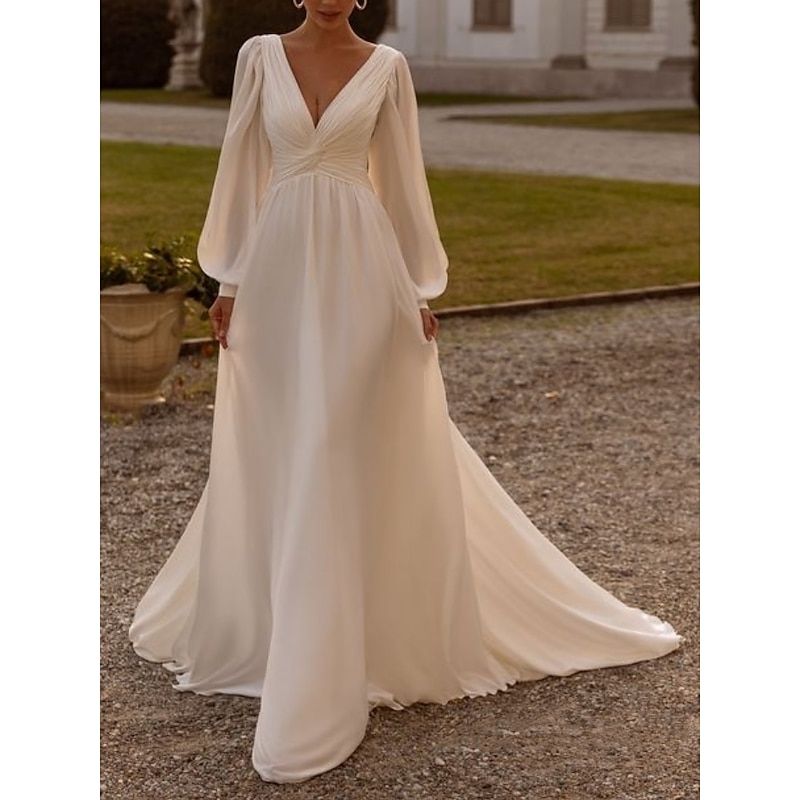 Beach Wedding Formal Simple Wedding Dresses A-Line V Neck Long Sleeve Court Train Chiffon Bridal Gowns With Pleats Ruched3
