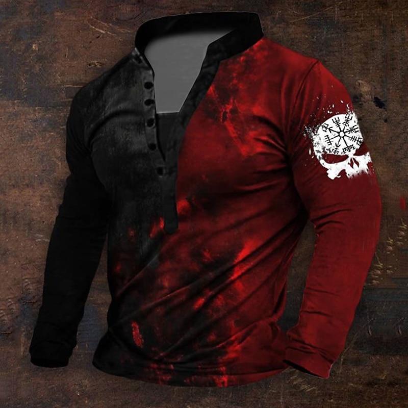 Men's Halloween Graphic Viking Henley Shirt Long Sleeve 3D Printing Daily Retro Vintage Casual Holiday Going out Festival Spring &  Fall Blue Red Purple Green Henley Henley T-Shirt