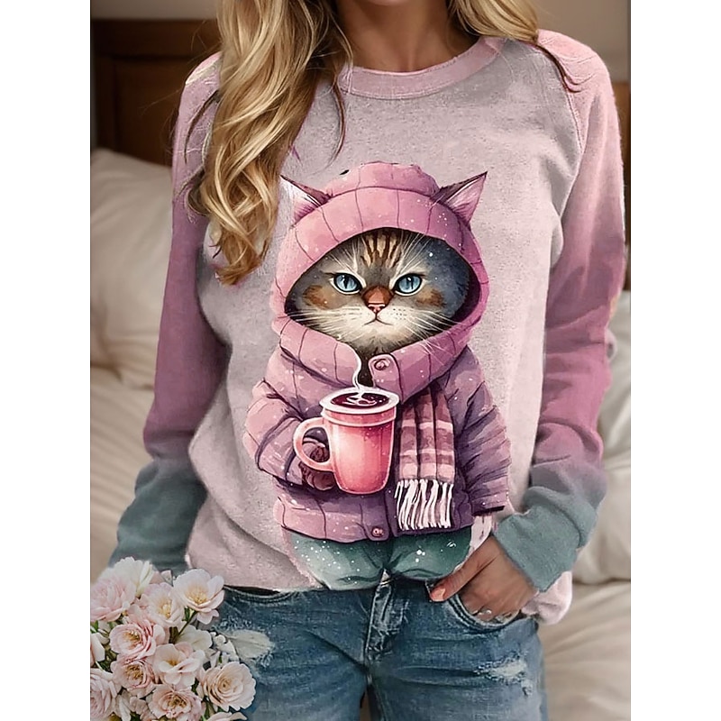 Women's Sweatshirt Pullover Cat Casual Sports Active Sportswear Round Neck Long Sleeve Top Micro-elastic Fall & Winter Comfrt Breathable Soft Fabric3