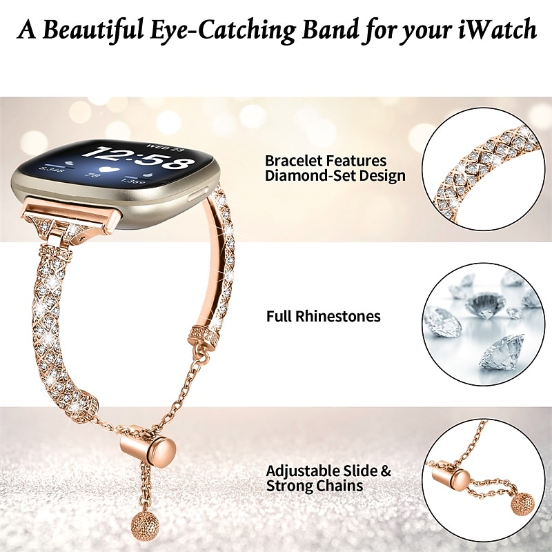 Smart Watch Band Compatible with Fitbit Versa 4, Sense 2, Versa 3, Sense Stainless Steel Smartwatch Strap Women Glitter Crystal Jewelry Bracelet Replacement  Wristband