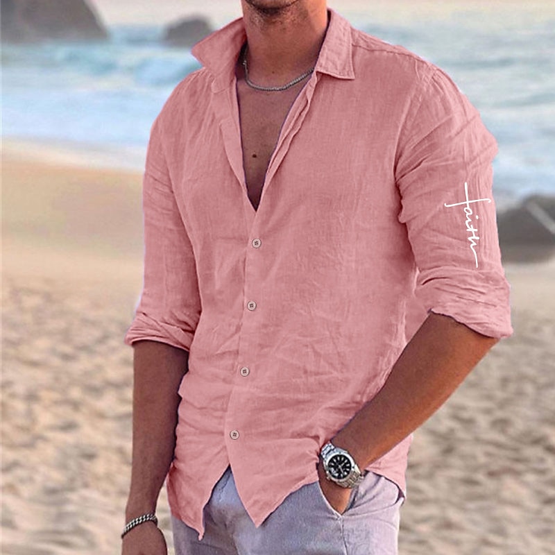 Men's Shirt Linen Shirt Beach Shirt Faith Outdoor Vacation Black White Pink Blue Long Sleeve Lapel Spring &  Fall Clothing Apparel Print