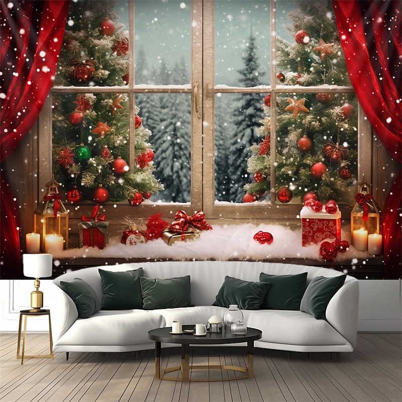 Christmas Decorations Christmas Tree Hanging Tapestry Winter Window View Wall Art Xmas Large Tapestry Mural Decor Photograph Backdrop Blanket Curtain Home Bedroom Living Room Decoration3