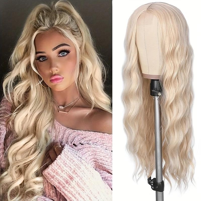 Long Blonde Wavy Wig 28 Inch Natural Wavy 613 Wig Long Platinum Blonde Wig For Women Synthetic Wig Middle Part Halloween Cosplay Wigs For Women