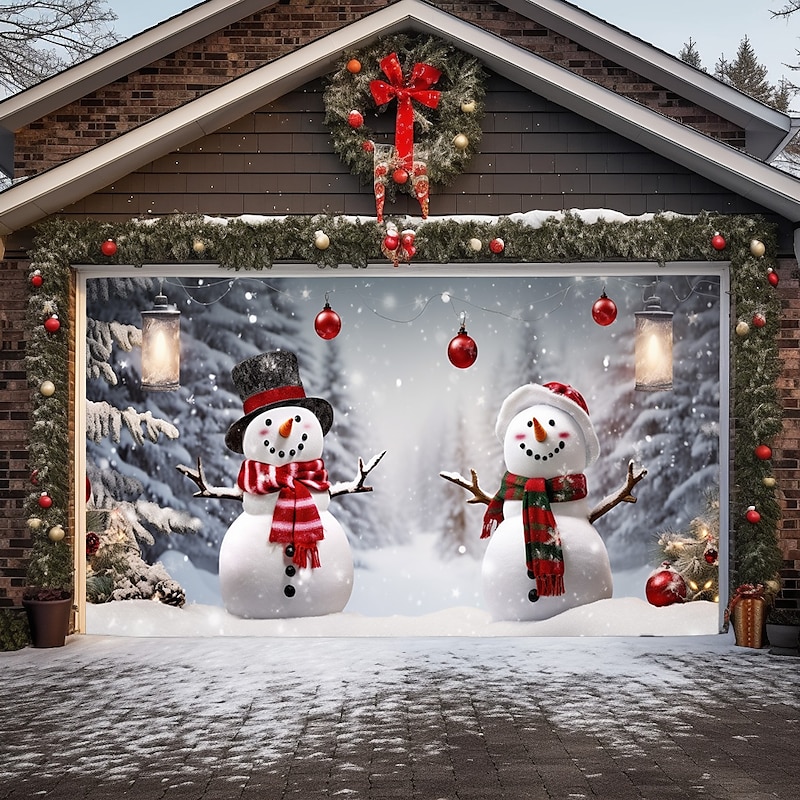 Christmas Door Decorations Outdoor Garage Door Cover Snowman Xmas Door Banner Party Large Door Mural Backdrop Decoration forHoliday Home Wall Decorations