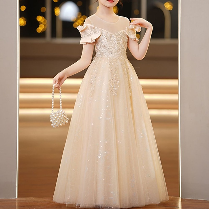 Kids Girls' Party Dress Solid Color Short Sleeve Wedding Special Occasion Princess Polyester Party Dress Flower Girl's Dress Summer Spring Fall 4-13 Years Black White Champagne4