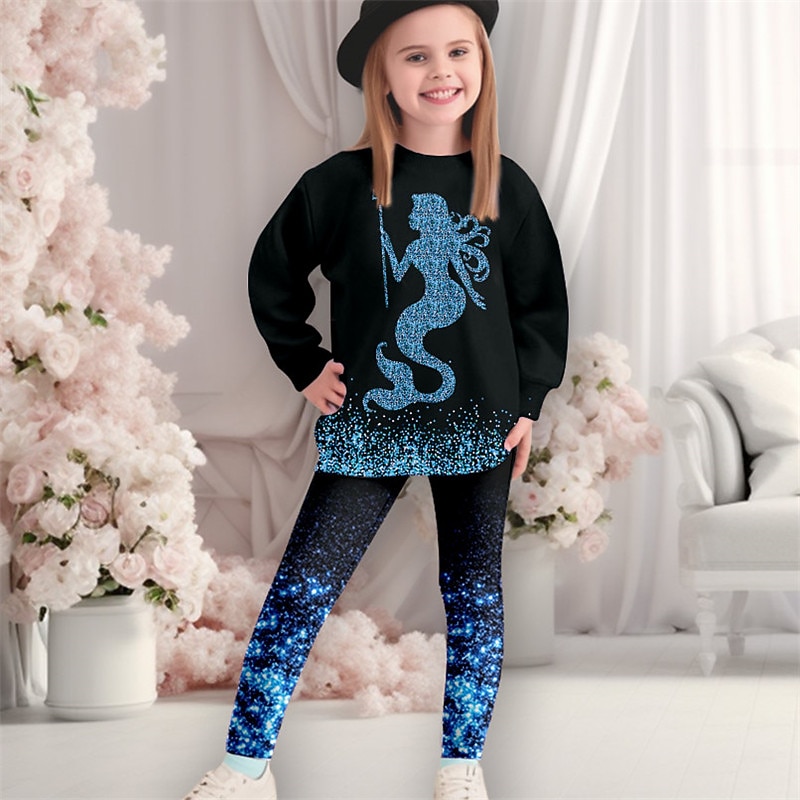 Girls' 3D Mermaid Sweatshirt & Legging Set Long Sleeve 3D Print Fall Winter Active Fashion Daily Kids 3-12 Years Crew Neck Outdoor Vacation Date Regular Fit3