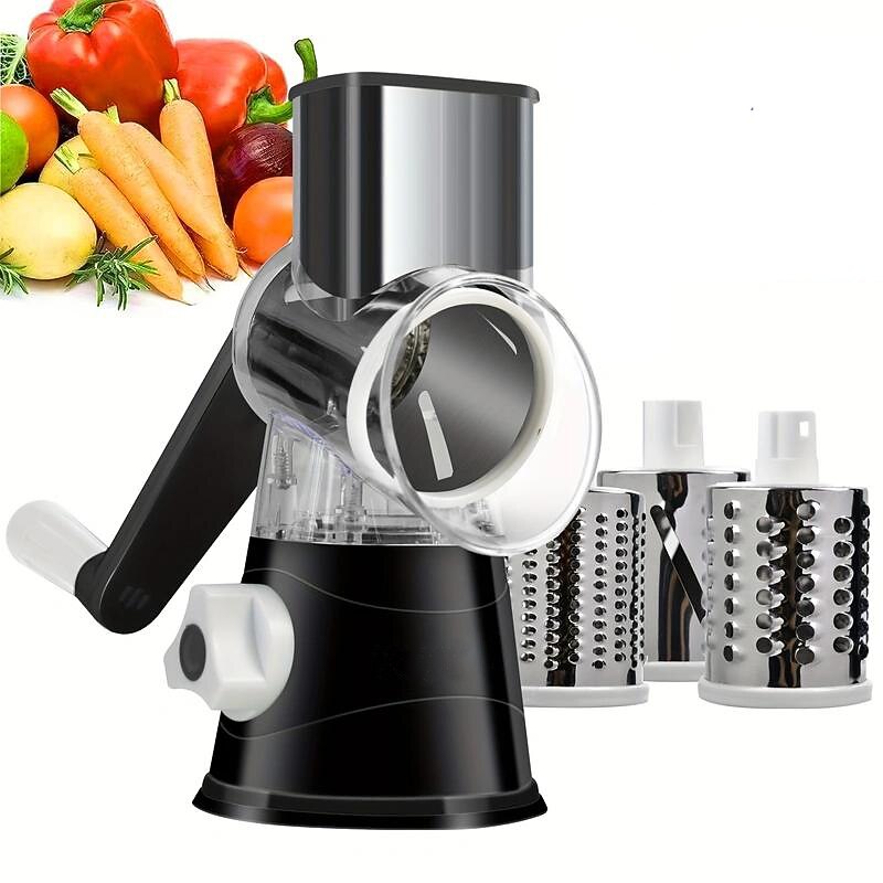 Cheese Grater, Kitchen Mandoline Vegetable Slicer With 3 Interchangeable Blades, Easy To Clean Rotary Grater Slicer For Fruit, Grinder For Potato, Carrot, Nuts