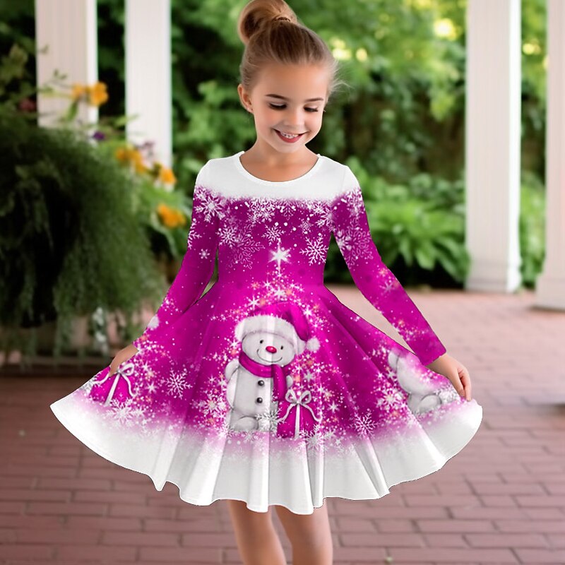 Girls' 3D Snowman Snowflake Dress Long Sleeve 3D Print Fall Winter Sports & Outdoor Daily Holiday Cute Casual Beautiful Kids 3-12 Years Casual Dress A Line Dress Above Knee Polyester Regular Fit4
