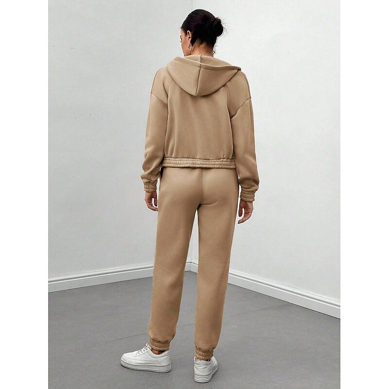 Solid Casual 3 Piece Set, Zip Up Hooded Jacket & Sleeveless Crew Neck Tank Top & Drawstring Elastic Waist Jogger Pants Outfits, Women's Clothing2