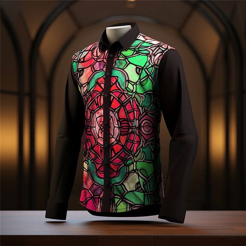 Men's Color Block Colorful Shirt Button Up Shirt Long Sleeve Artistic Abstract Daily Wear Going out Fall & Winter Turndown Print Button-Down Red Blue Purple Orange4