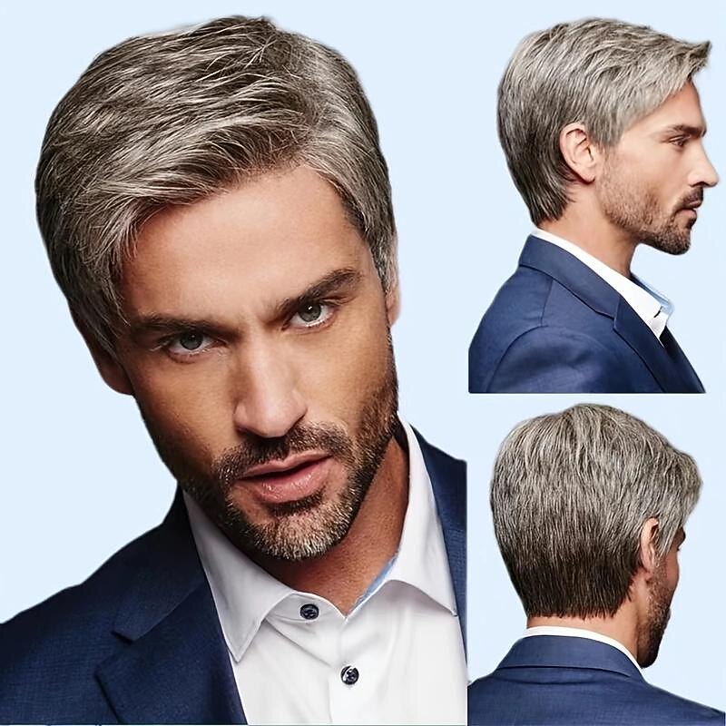 1pc Men's New Middle-aged Dark Grey Gradient Brown Short Straight Wig2