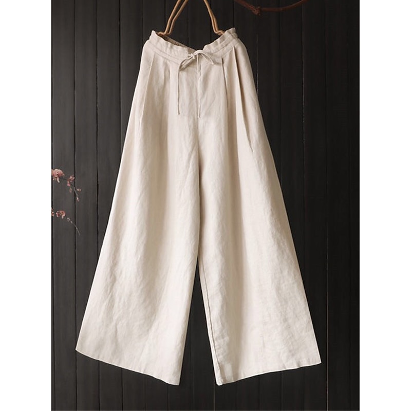 Women's Wide Leg Pants Trousers Vacation Vintage Streetwear Full Length High Waist Plain Drawstring Elastic Waist High Cut Comfort Breathability Soft Micro-elastic Vacation Home Street Black Red