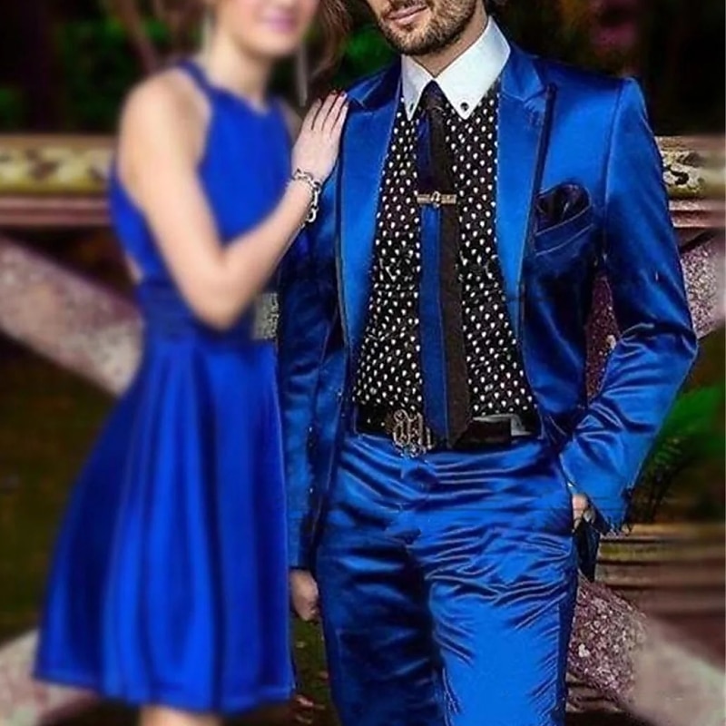 Men's Wedding Party Suits Peak Royal Blue Solid Colored Tailored Fit 2 Piece Single Breasted One-button3