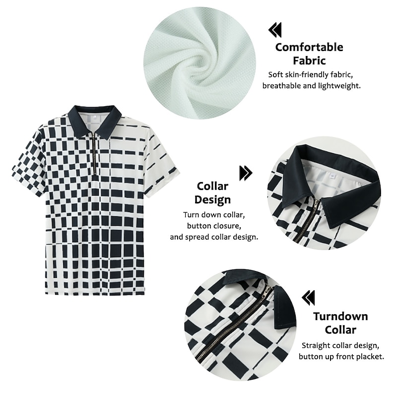 Men's Geometric Zip Polo Shirts Golf Shirt Short Sleeve Polo Shirts Collared Shirts Business Casual WorkWear Formal Wear Festival Wear 3D Print Quarter Zip Polo Lake blue White Red2