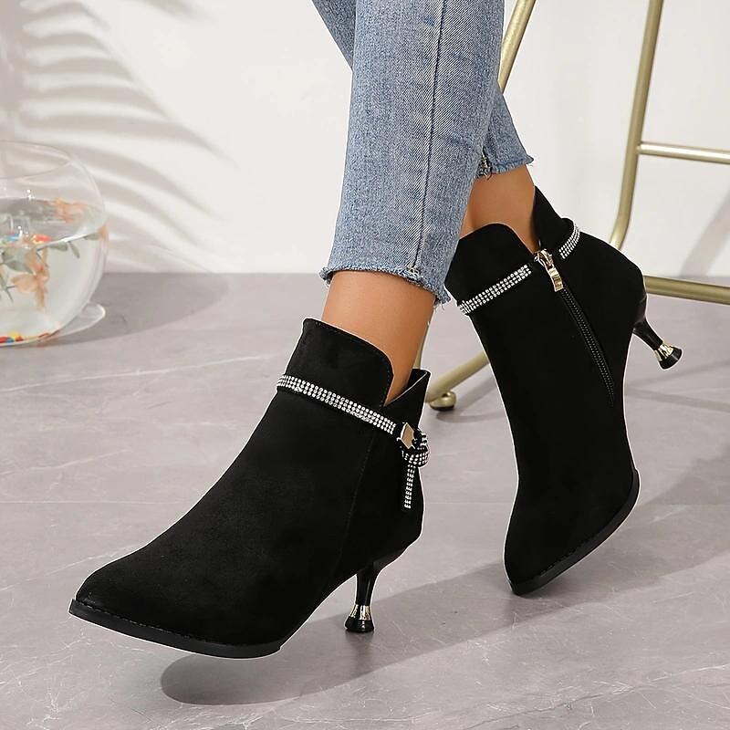 Women's Black Suede Ankle Boots – Rhinestone Embellished Strap, Kitten Heel, and Pointed Toe for Party and Evening Wear3