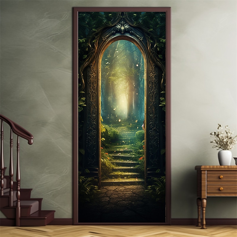Stair to Forest Door Covers Door Tapesty Door Curtain Decoration Backdrop Door Banner for Front Door Farmhouse Holiday Party Decor Supplies2