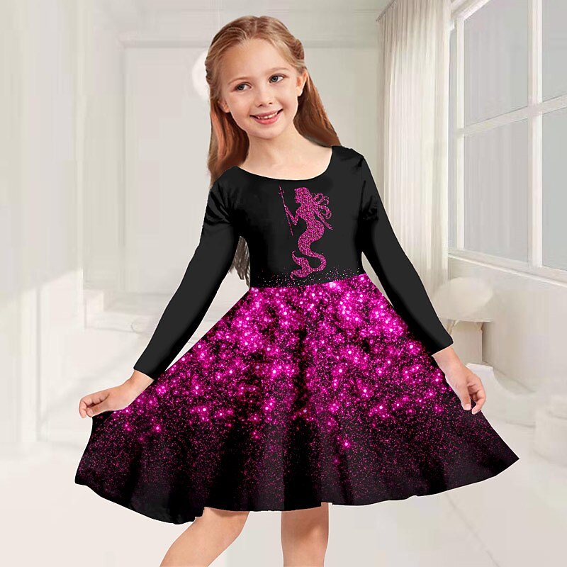 Girls' 3D Graphic Dress Long Sleeve 3D Print Spring Fall Vacation Daily Holiday Cute Casual Sweet Kids 3-10 Years Swing Dress A Line Dress Above Knee Regular Fit3
