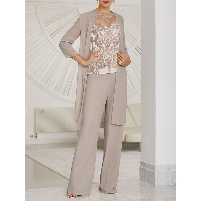 Pantsuit 3 Piece Mother of the Bride  Wedding Guest Elegant Illusion Neck Floor Length Chiffon Lace Long Sleeve with Ruching Solid Color