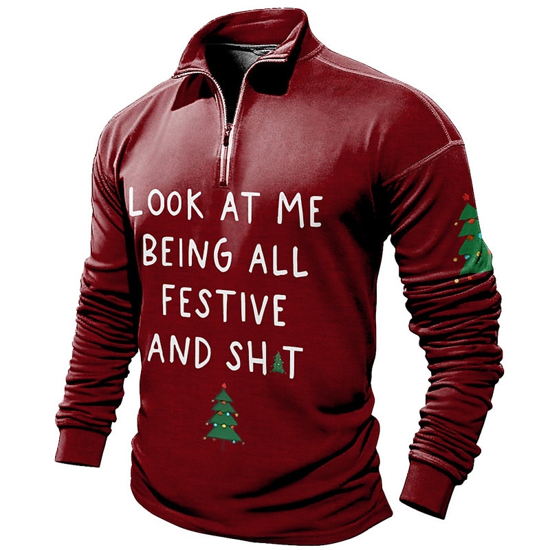 Christmas Men's Funny Christmas 3D Zipper Polo Letter Casual Zip Golf Long Sleeve Outdoor Casual Daily Streetwear Fall & Winter 3D Print Zip Black Wine Blue Micro-elastic Polyester