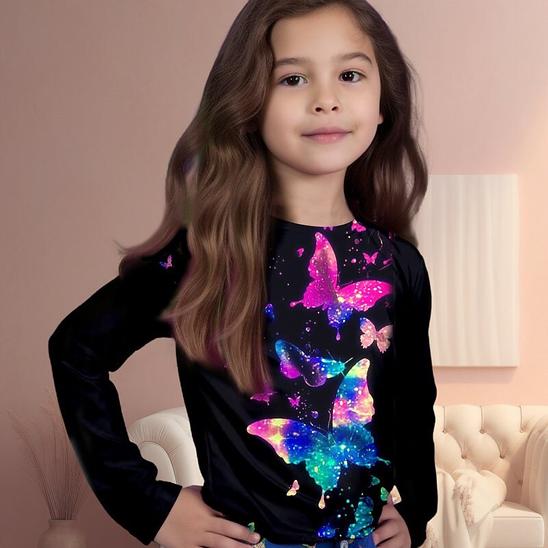 Girls' 3D Rainbow Butterfly T shirt Long Sleeve 3D Print Fall Active Kids 4-12 Years Regular Fit3