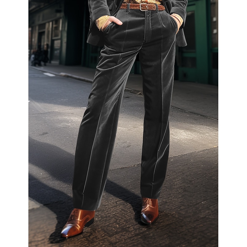 Men's Dress Pants Bell Bottom Trousers Suit Pants Velvet Pants Front Pocket Straight Leg Plain Comfort Business Daily Holiday Fashion Chic & Modern Black Brown2