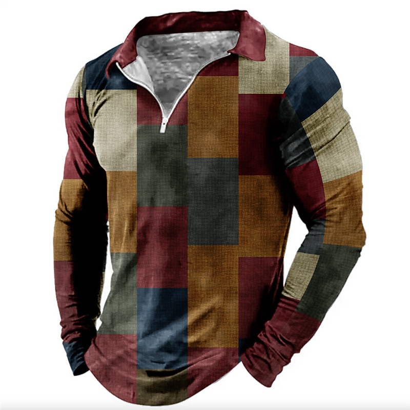Men's Plaid Zip Polo Shirts Golf Shirt Long Sleeve Polo Shirts Collared Shirts Vintage Casual Vacation Wear Formal Wear Festival Wear 3D Print Quarter Zip Polo Fall & Winter Blue Brown Khaki