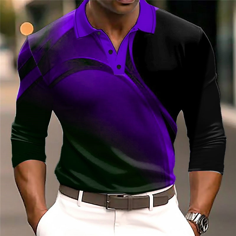 Men's Geometric Polo Shirts Golf Shirt Long Sleeve Polo Shirts Collared Shirts Business Casual WorkWear Formal Wear Festival Wear 3D Print Buttons Fall & Winter Wine Blue Purple4