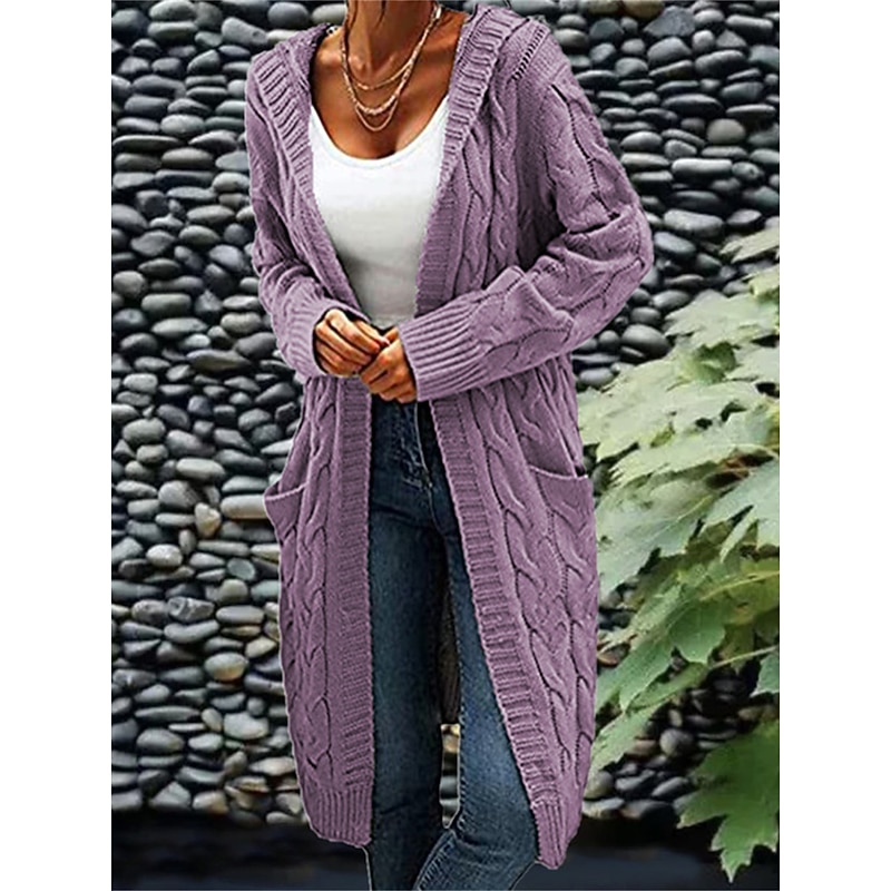 Women's Cardigan Fashion Streetwear Casual Solid Color Cable Hooded Pocket Knitted Long Sleeve Regular Tops Knit Outdoor Daily Going out Wine Army Green Fall Winter2