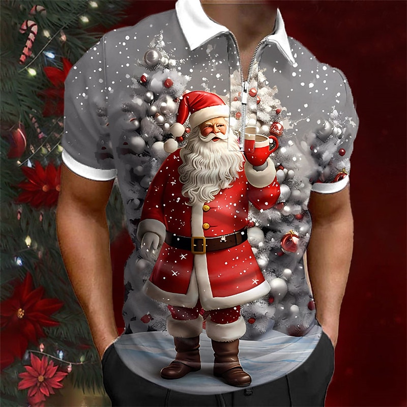 Christmas Men's Santa Claus 3D Zipper Polo Santa Claus Casual Print 3D Zip Golf Outdoor Daily Wear Streetwear Polyester Short Sleeve Turndown Zip Shirts White Gray Autumn / Fall S M L Micro-elastic2