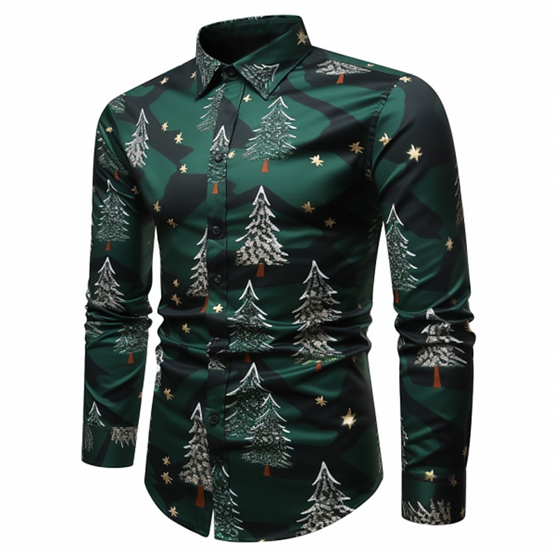Christmas Tree Casual Men's Shirt Daily Wear Going out Fall & Winter Turndown Long Sleeve Red, Burgundy, Dark Navy S, M, L 4-Way Stretch Fabric Shirt4