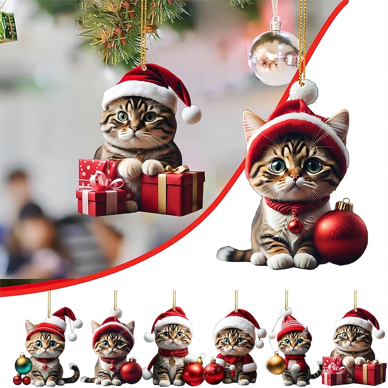 Christmas Tree Ornaments Cat Hanging 2D Acrylic Decorations Cute Cat Christmas Ornament 2025 New Cat Crafts Hanging Ornament New Year Festive Party Supplies Room Hanging Decor