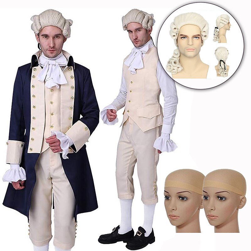 Set with Shirt Waistcoat Trench Coat Pants Colonial Wig 2*Wig Caps Men's Victorian Outfit Alexander Hamilto Retro Vintage Rococo 17th Century Cosplay Costume Halloween Masquerade Performance