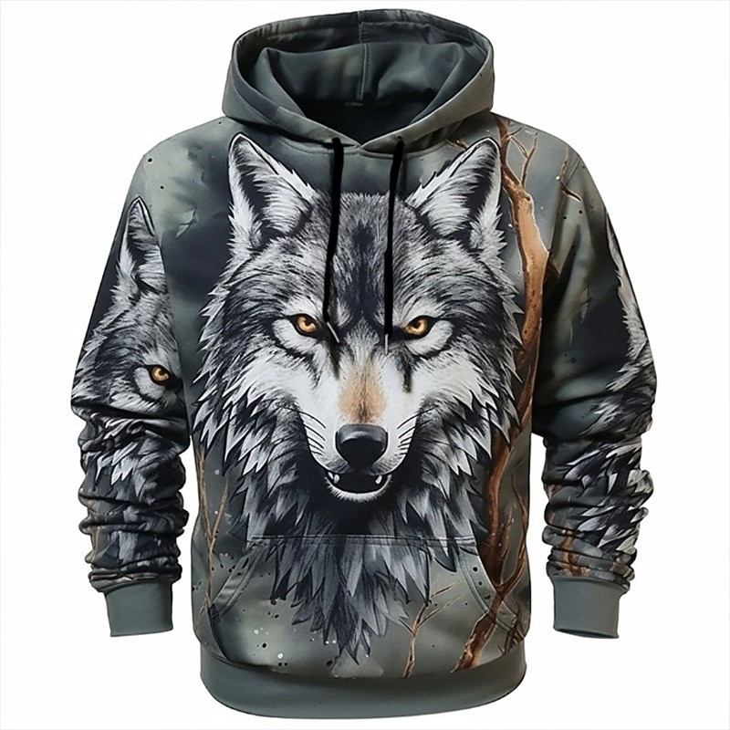 Men's Graphic Animal Wolf Hoodie Hoodies Sweatshirt Daily Basic Long Sleeve Hooded Vacation Sports Outdoor Holiday Dark Gray Print Front Pocket Spring &  Fall Designer
