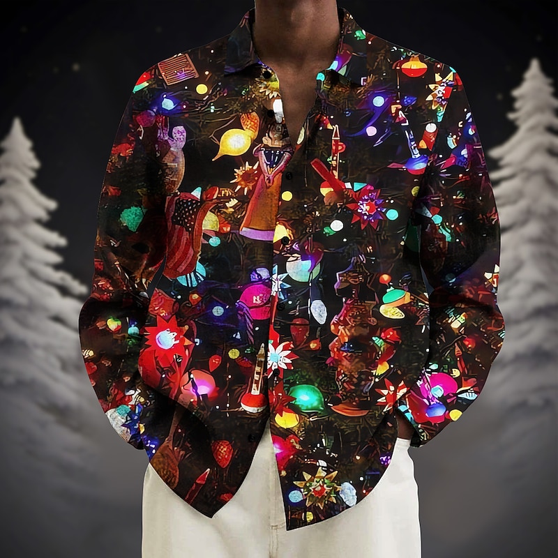 Christmas Men's Lanterns Shirt Button Up Shirt Long Sleeve Casual Daily Wear Going out Weekend Turndown Button-Down Gray+Purple Burgundy Blue Gold Rainbow3