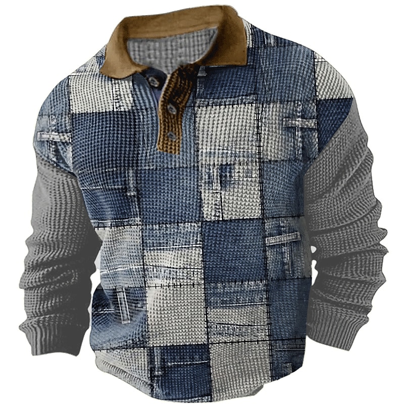 Men's Plaid Waffle Polo Shirts Golf Shirt Long Sleeve Polo Shirts Collared Shirts Vintage Casual Vacation Wear Formal Wear Festival Wear Buttons 3D Print Fall & Winter Black Blue Khaki4